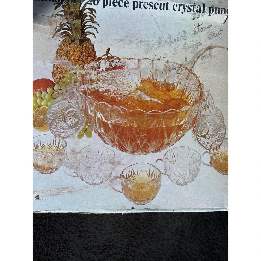 Williamsport  Vintage 12 Pc Prescut Crystal Punch Bowl Set w 10 Cups + Ladle